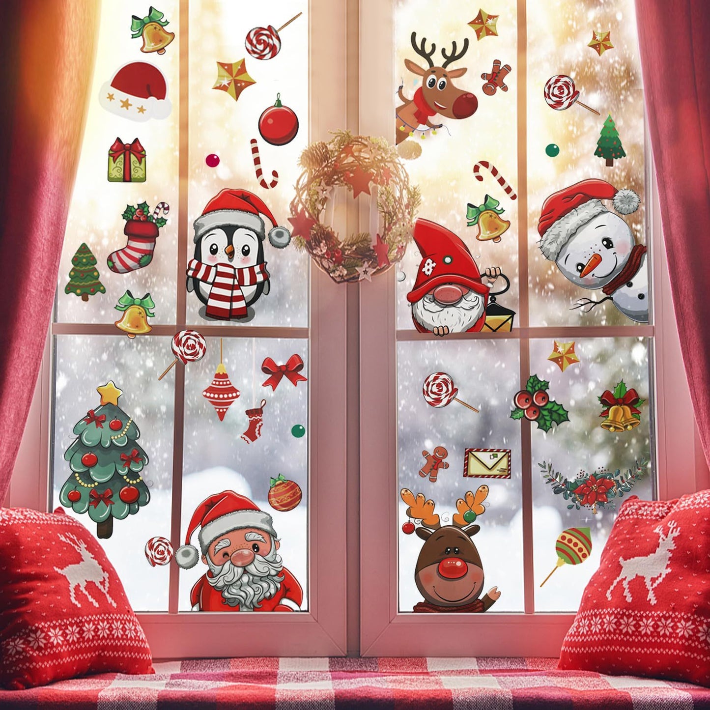 US Local Christmas Window Clings 242Pcs Double Sided Christmas Window Stickers Reusable 9 Sheets Snowflake Santa Snowman Window Clings Decals For Xmas Home School Office Decorations Clearance