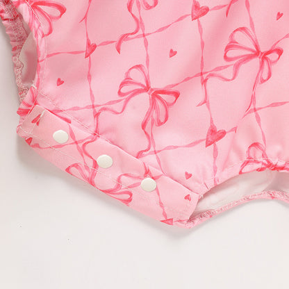 US Local Baby Girl's Bowknot Graphic Print Romper, Daddy's Girl Letter Print Triangle Jumpsuit With Bubble Sleeves