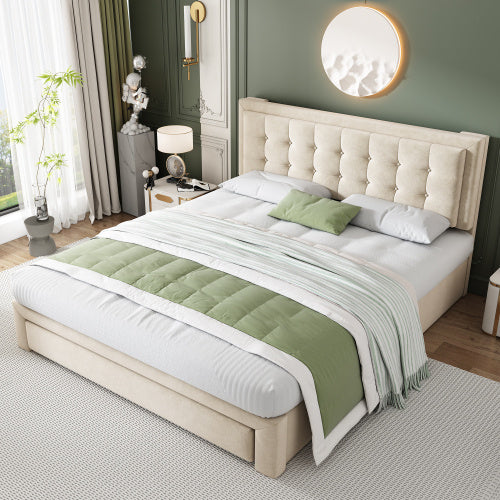 UK Local Upholstered Bed,Double Bed-4ft6135X190cm, Velvet Fabric, Double Bed, Large Storage Space,With Slats And Headboard,Without Mattress,Cream