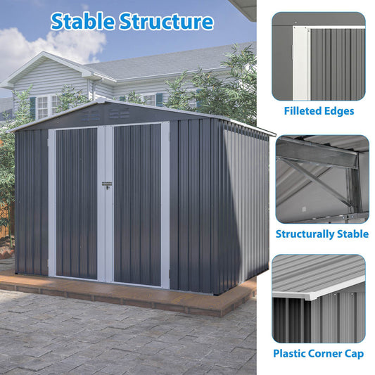 8 X 6 FT Outdoor Waterproof Garden Tool Storage Sheds With Metal Foundation With Floor Frame, Tool Shed With Lockable Hinged Doors & Air Vents, Storage House Waterproof For Backyard, Lawn, Gray