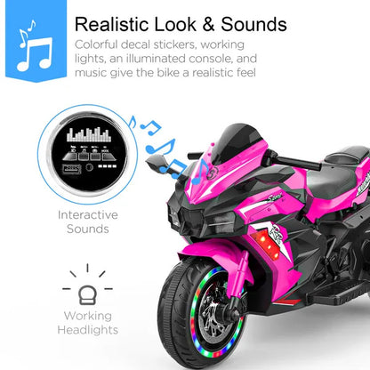 US Local Kids Powered Ride-ons Toy, Kids Motorcycle For 3-6 Years, 12V Electric Ride On Motorcycle With Light Wheel & Bluetooth Music-Pink