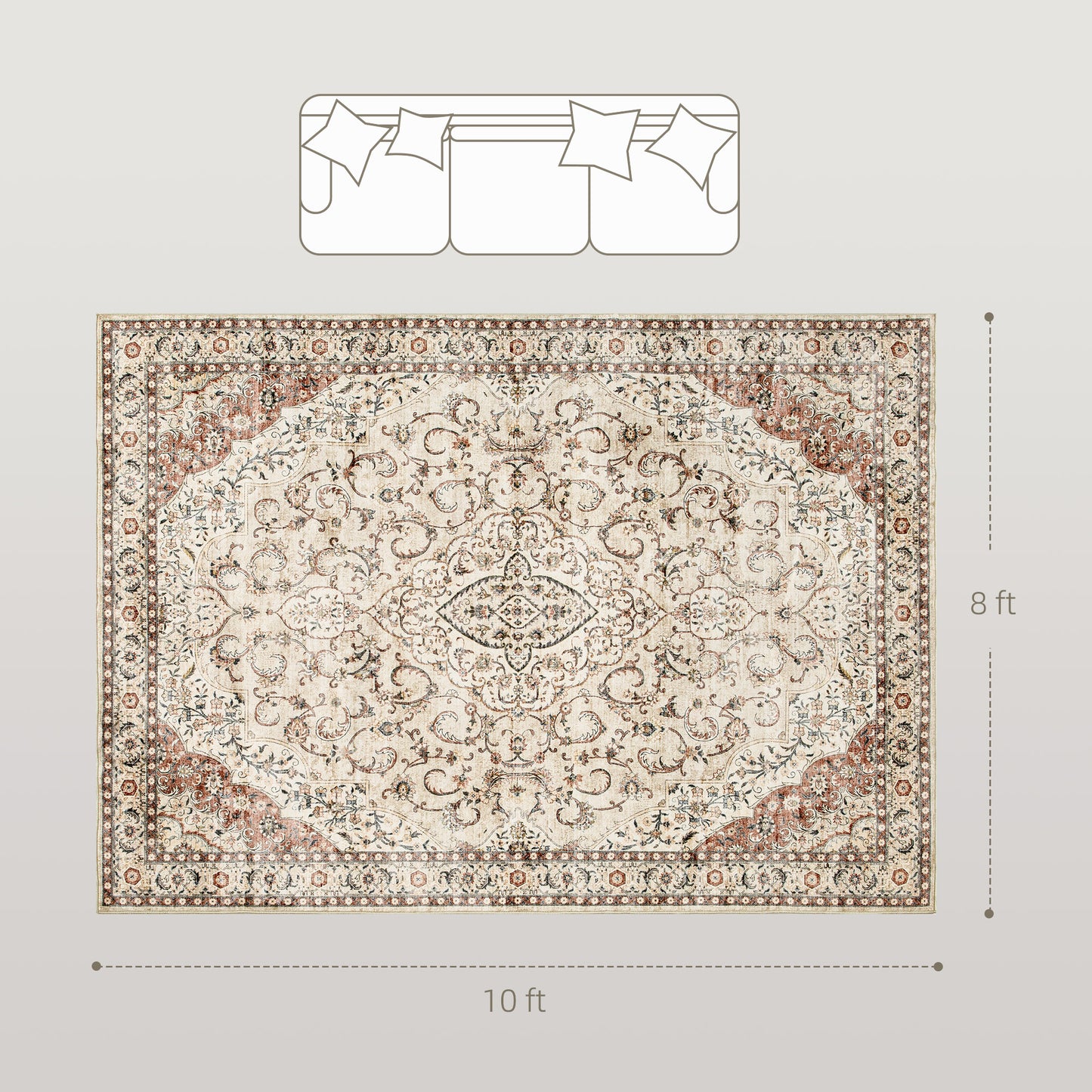 US Local Area Rug 8x10, Machine Washable Rug, Non-Slip Classical Floral Print Floor Carpet For Living Room, Bedroom, Mixed-Brown