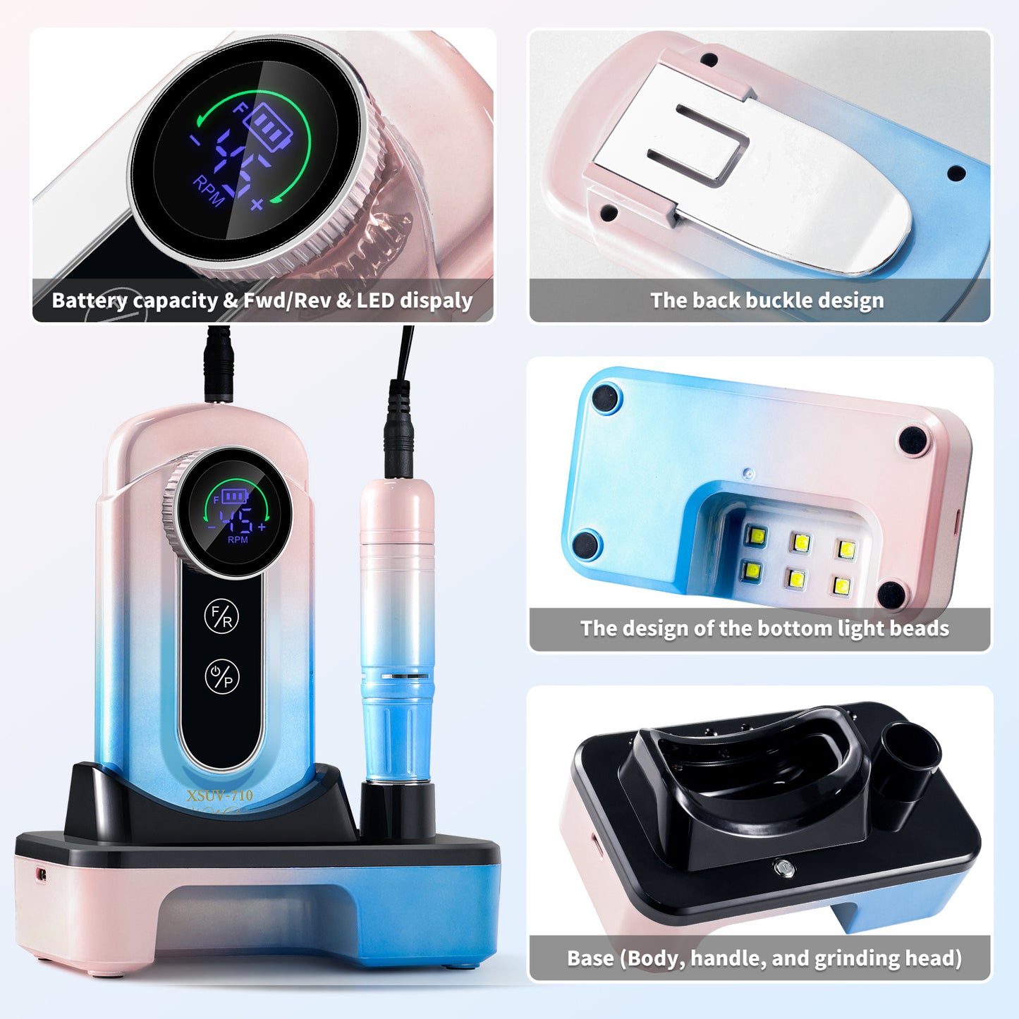 US Local Nail Drill, Portable Electric Nail File 45000RPM, Rechargeable Nail Drill Professional With Bits & Base, For Acrylic Gel Nails, E-File Machine, Manicure Polishing, For Salon Home