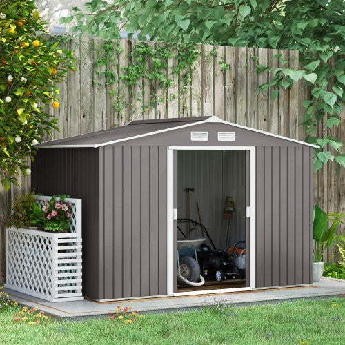 UK Local Outsunny 9 X 6FT Outdoor Garden Roofed Metal Storage Shed Tool Box With Foundation Ventilation & Doors Light, Grey