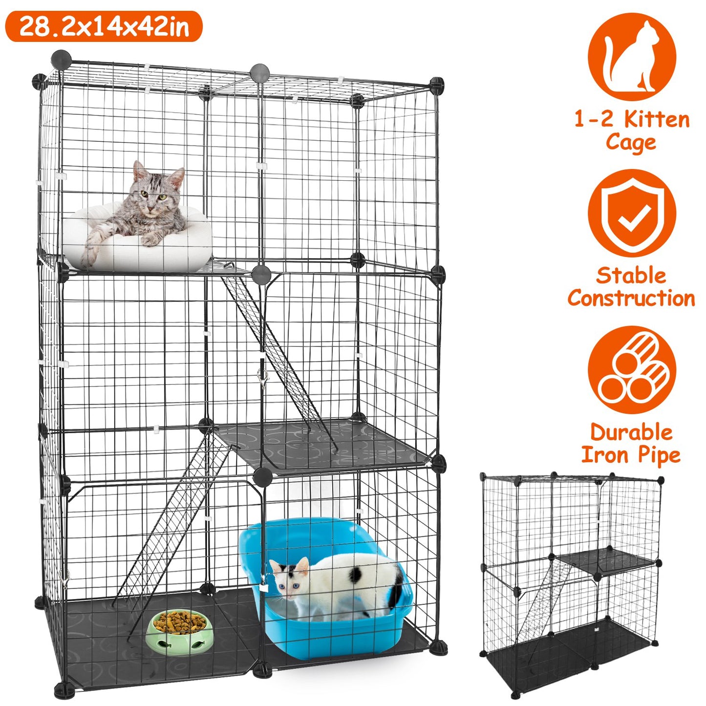 US Local 3 Tier Cat Playpen Cage Metal Indoor Cat House Detachable Kitten House With 3 Doors 2 Ladders Large Cat Exercise Place For 1-2 Cats Black