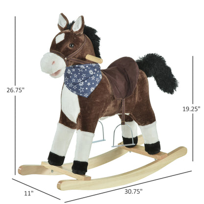 US Local Plush Cowboy Rocking Horse, Wooden Ride-On With Realistic Sounds, Wild West Fun, Brown, For 3-6 Years
