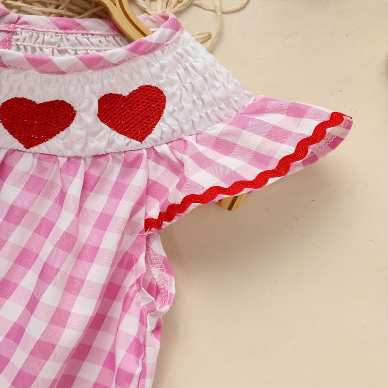 US Local Toddler Girl's Short Sleeve Checkered Dress, Heart Embroidery & Ruffle Detail With Back Button Closure