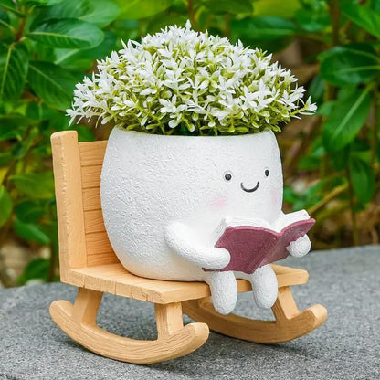 US Local 2 Pieces Of Cute Character Reading Rocking Chair Resin Flower Pots Indoor And Outdoor Plant Decoration Vase Home Flower Gift