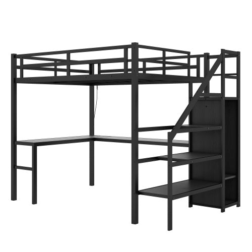 US Local Metal Loft Bed With Wardrobe And Adjustable Shelves