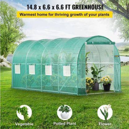 US Local VEVOR Walk-in Tunnel Greenhouse, 14.8 X 6.6 X 6.6 Ft Portable Plant Hot House W  Galvanized Steel Hoops, 1 Top Beam, Diagonal Poles, Zippered Door   8 Roll-up Windows, Green