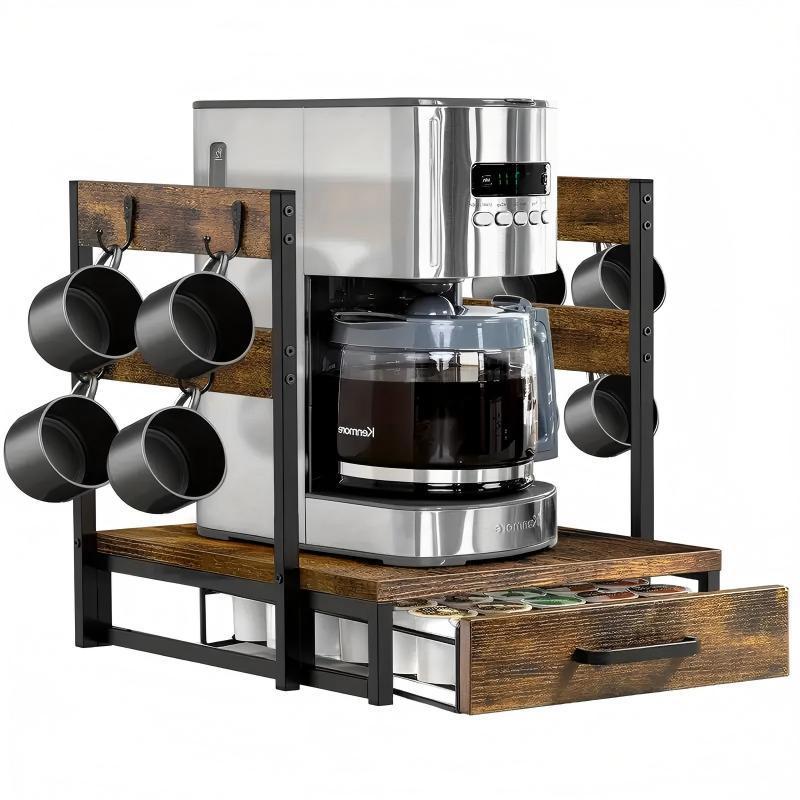 Coffee Maker Storage Rack Coffee Bean Accessories Organizer Sturdy K-Cup Storage Drawer With Cup Holder Coffee Maker Stand Kitchen And Office Countertop Storage Rack