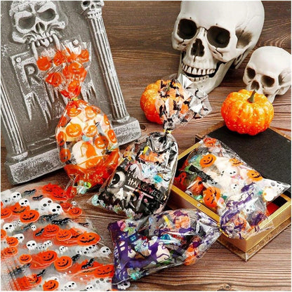 US Local 200 Pcs Halloween Gift Wrapping Bags With Twist Ties 5.1 X 10.8 Inch Cellophane Witch Bat Printing Flat Bag OPP Halloween Pumpkin Treat Packaging Bags For Party Favors Halloween Decoration