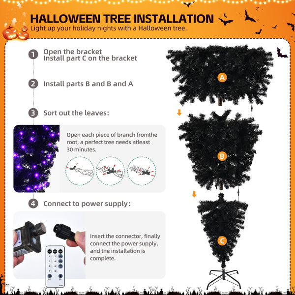 US Local 6 FT Pre-lit Upside Down Artificial Christmas Tree, Black Halloween Tree with 250 Purple Lights and Pumpkin & Skull Ornaments