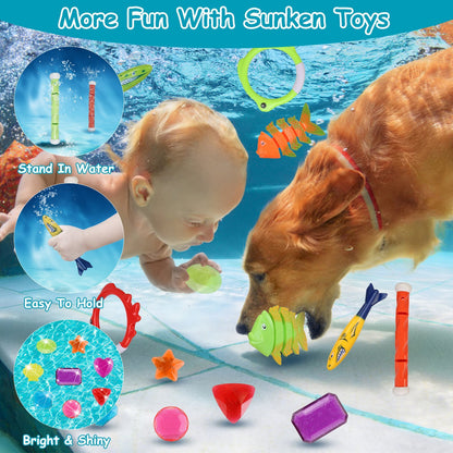 US Local Set Of 24Pcs Diving Toys Swimming Pool Toys Swim Toys For Kids Above Aged 3 Years Old Swim Thru Rings Torpedoes Gems Volleyball Storage Bag