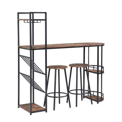 UK Local Industrial Bar Table Set With 2 Chairs, Counter Height Kitchen Dining Table, Wine Rack, And Side Storage, Rustic Brown