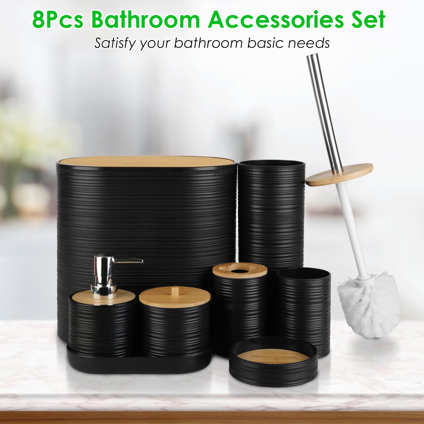 US Local 5 Colors Options -- Set Of 8Pcs Bathroom Accessories Set Bathroom Holder Set With Soap Dispenser Toothbrush Holder Cup Soap Dish Toilet Cleaning Brush Trash Can Qtip Holder Vanity Tray For Home