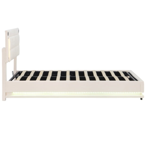 UK Local 5ft King LED Hydraulic Bed With Charging Station, Adjustable Square Tufted Headboard With Intelligent Control Light, Soft Velvet Bed Frame With USB And Type - C Ports, Beige