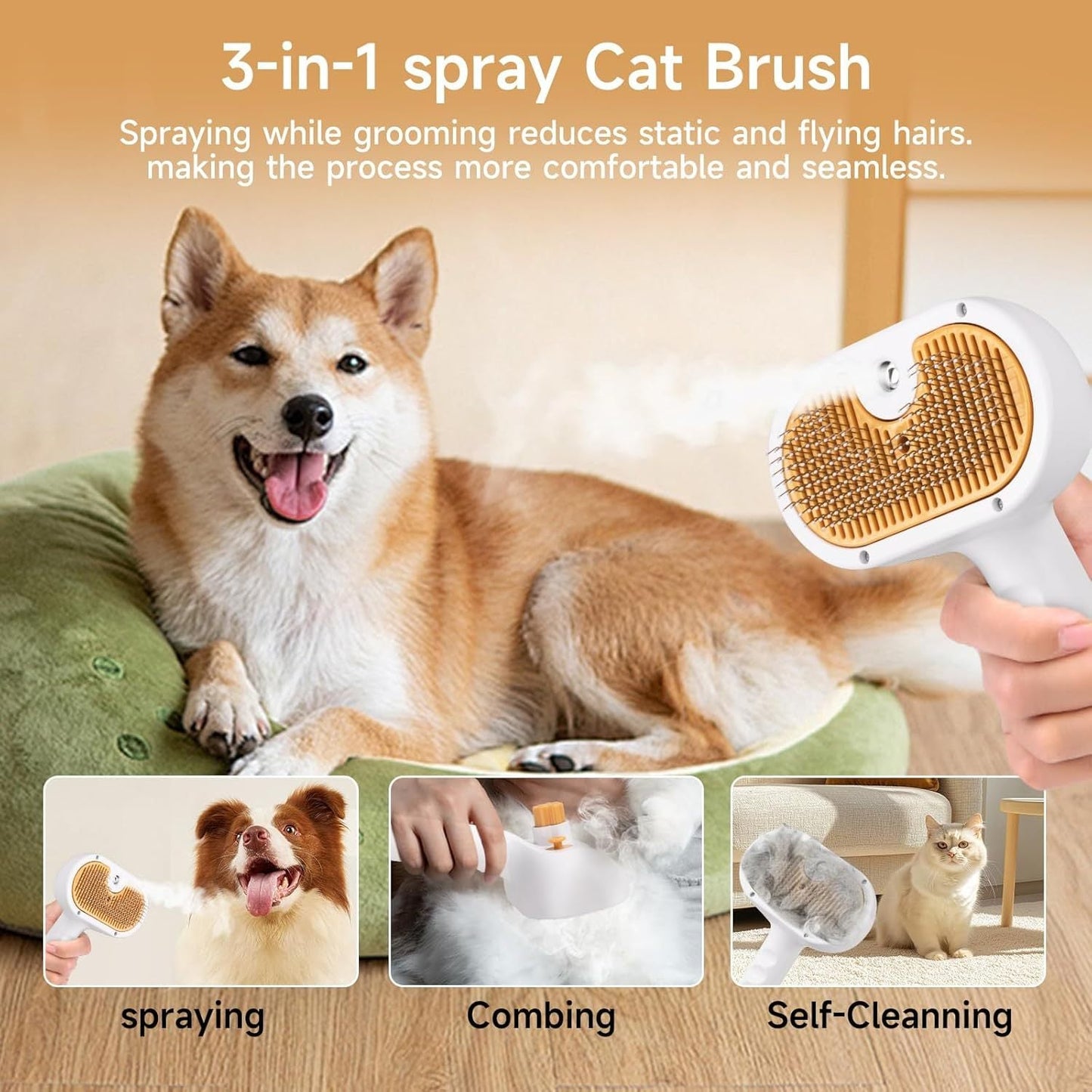 US Local Universal Pet Steam Brush For Cats And Dogs 3-in-1 Spray Hair Removal Comb With Waterless Shampoo And Ear Towel