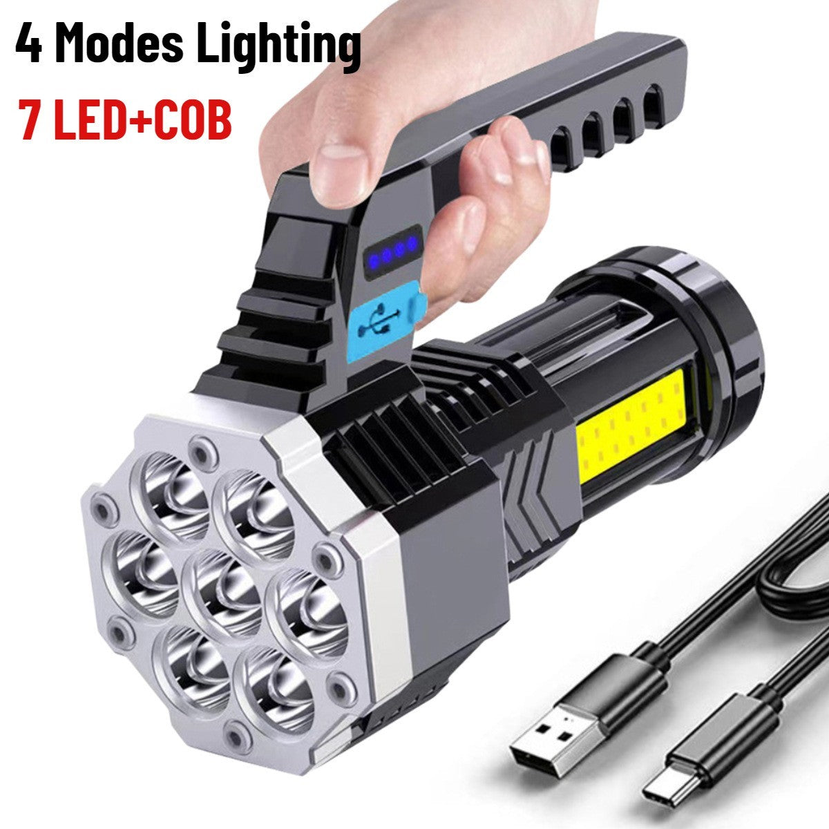 UK Local 7 LED Flashlight COB Torch Rechargeable Side Light USB Charging 4 Modes Waterproof Work Light