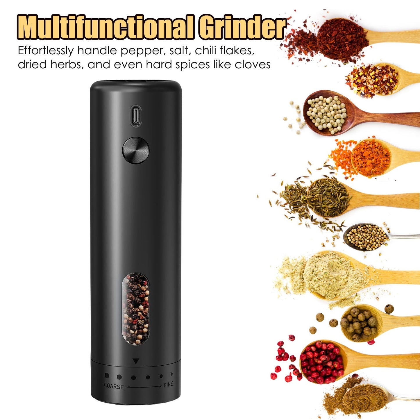 US Local 1Pc  Electric Pepper Grinder USB Rechargeable Pepper Mill Automatic Salt Grinder With 6 Adjustable Coarseness LED Light 110ML Container One Hand Operation For Kitchen Essential