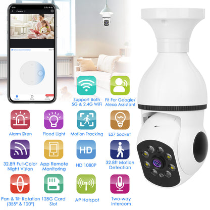 US Local 1 Pc E27 WiFi Bulb Camera 1080P FHD WiFi IP Pan Tilt Security Surveillance Camera With Two-Way Audio Full Color Night Vision Flood Light Motion Tracking Siren Function APP Control