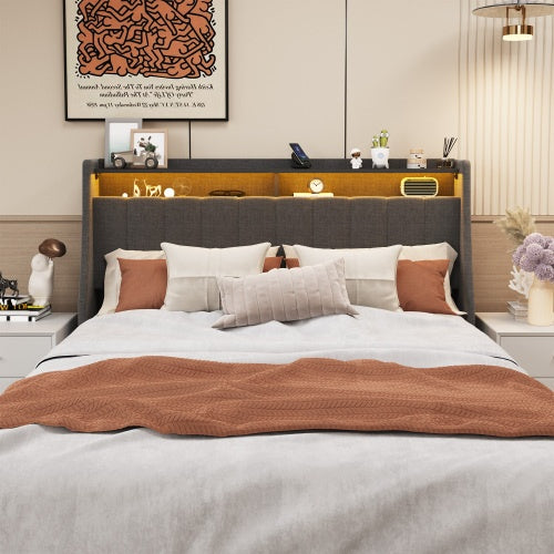 US Local Full Size Bed Frame With LED, 4 Under-bed Portable Storage Drawers, Wings Headboard Design