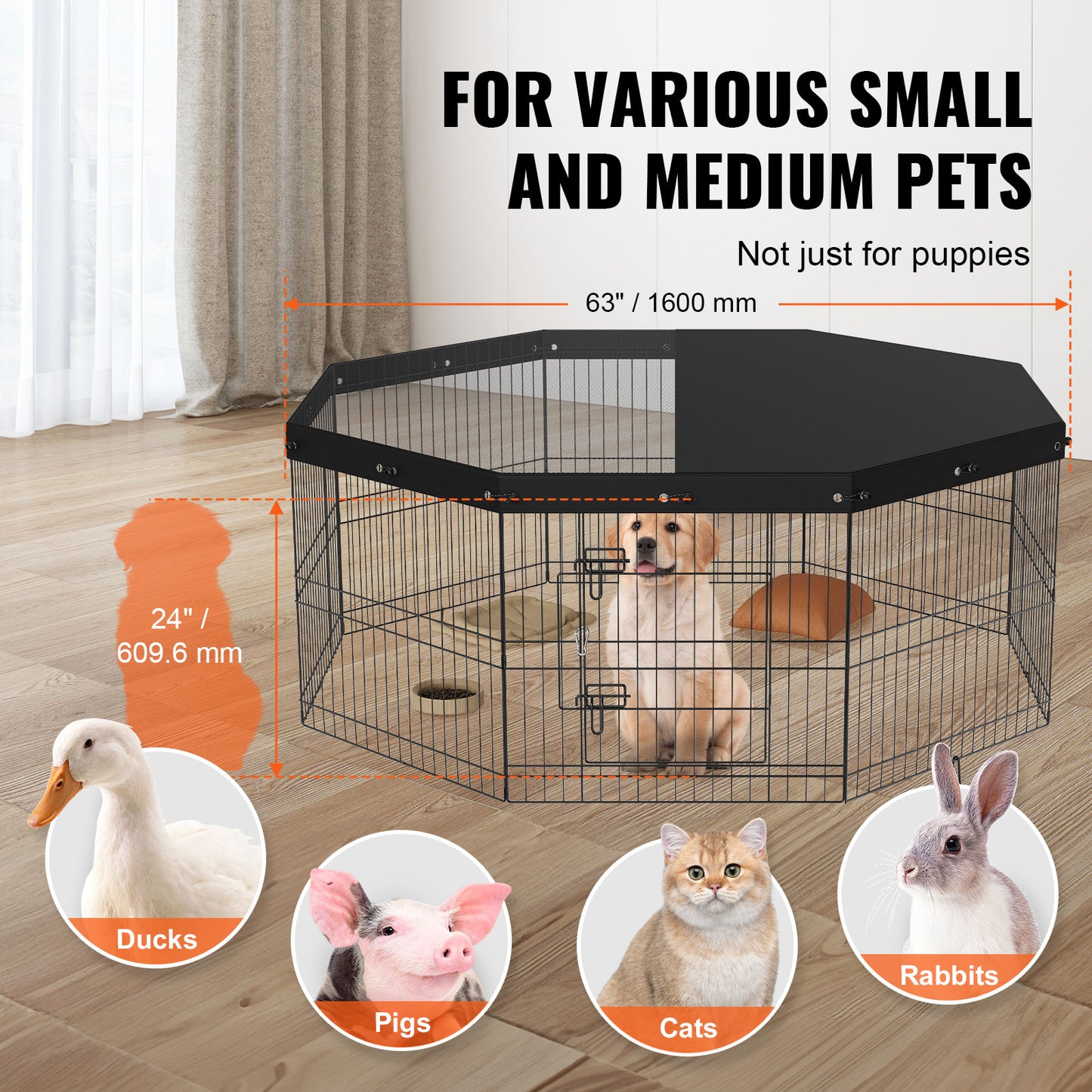 US Local VEVOR Dog Playpen, 8 Panels Foldable Metal Dog Exercise Pen With Top Cover, 24inch H Pet Fence Puppy Crate Kennel With Ground Stakes, Indoor Outdoor Dog Pen For Small Medium Pets, For Camping, Yard