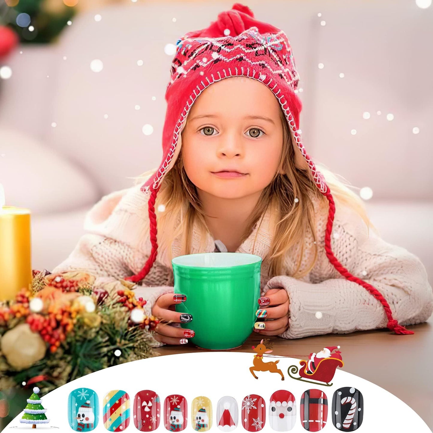 US Local Christmas Stick On Nail, 48 Pcs False Nails Kids Full Cover Xmas Short False Nail Children Nails Lovely Gift For Kids Little Girls Nail Art Decoration