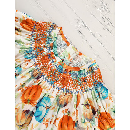 Toddler Baby Child Girl Pumpkin Smocked Dress Fall Thanksgiving Halloween Embroidered Princess Party Dresses Kids Fall Outfits Clothes