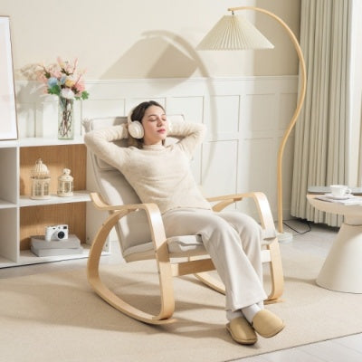 UK Local HOMCOM Comfortable Relax Rocking Chair, Upholstered Lounge Chair Recliner With High Back And Headrest For Living Room, Bedroom, Cream White