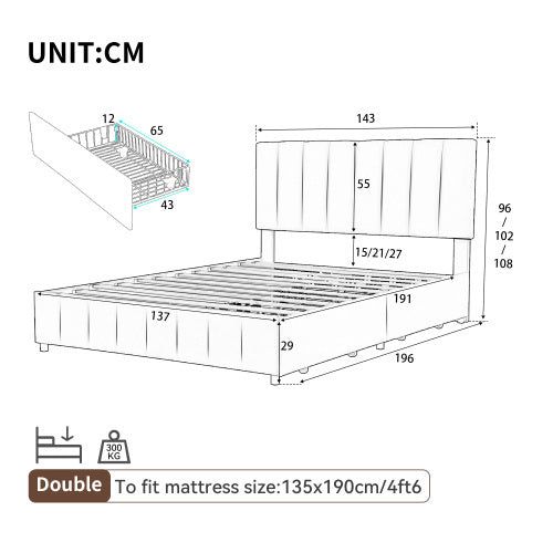 UK Local 4ft6 Double Upholstered Bed With 4 Storage Drawers, Velvet Platform Bed Frame With Adjustable Channel Tufted Headboard, Metal-Wood Support, No Box Spring Needed, Easy Assembly, Grey No Mattress