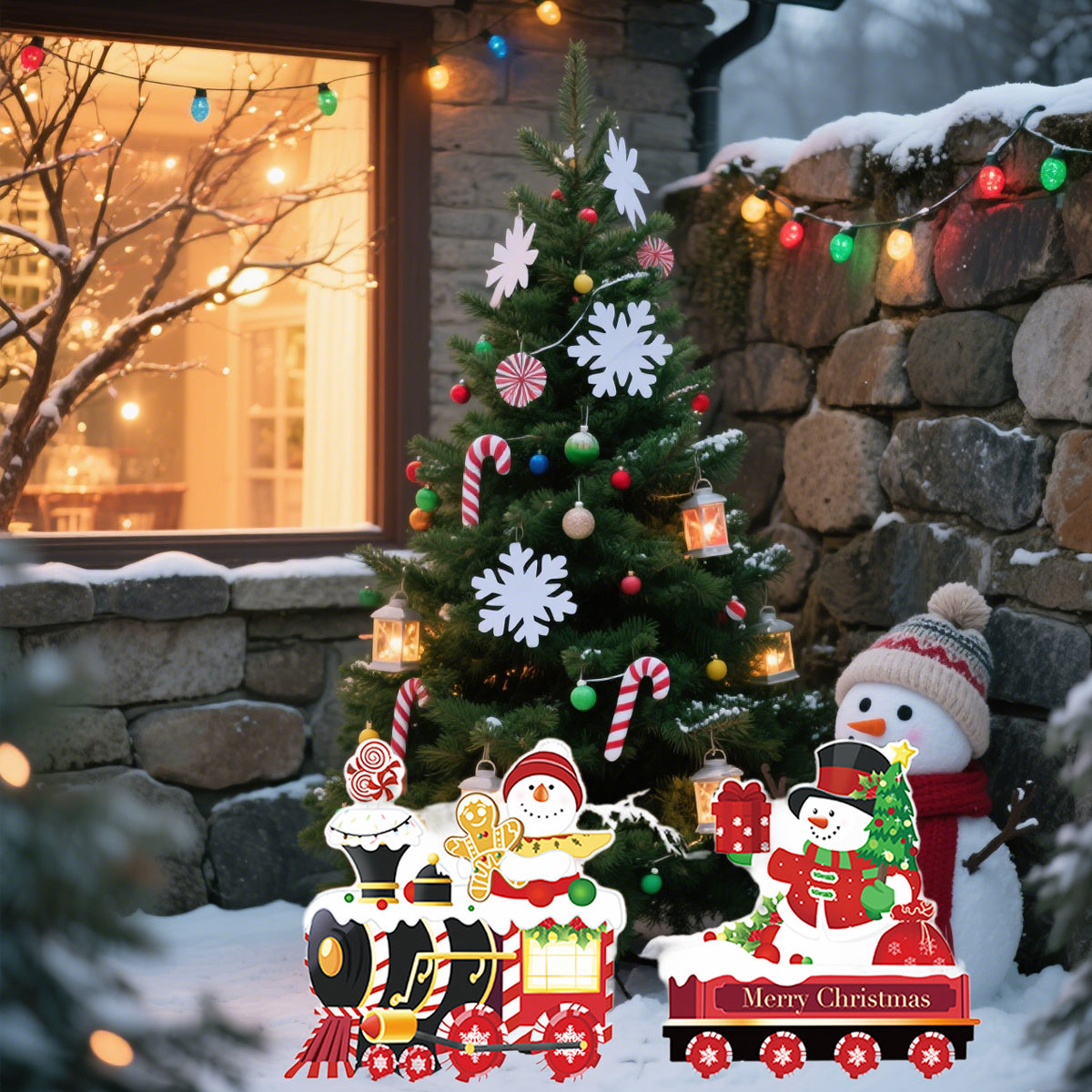 US Local 4 Pack Christmas Yard Signs With Plastic Stakes Xmas Train Snowman Christmas Tree Gift Lawn Signs For Yard Fence Garden Lawn Xmas Holiday Outside Decoration Supplies