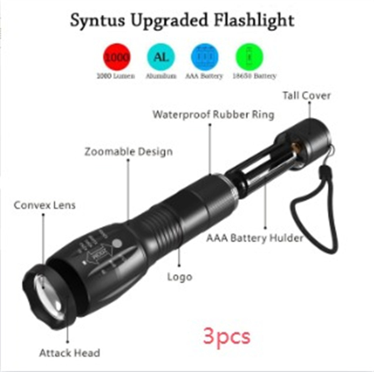 US Local Portable Mini Flashlight LED ZOOM Torch Hunting Zoomable Flashlight Torch Light