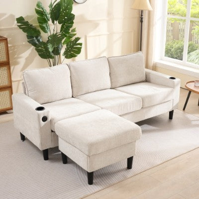 UK Local L-Shaped Couch Sofa, Corner Sofa 3 Seater Sofa, Sectional Sofa Couches With USB, Cup Holder, For Apartment Living Room Beige
