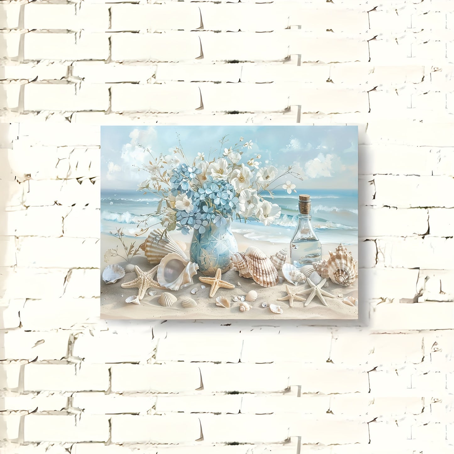 US Local 1 Piece Framed Wooden Canvas Painting, One Piece Blue Vase Floral Canvas Print, Wooden Frame Wall Art, Shell And Ocean Theme, Home And Office Decor, Suitable For Living Room, Bedroom, Kitchen, School