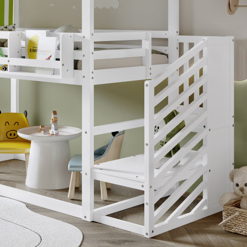 UK Local Bunk Bed, Teen Bed, Children's Bed, 3ft 90x190cm, MDF  Pinewood  Plywood, Decorative Canopy, Corner Staircase, With A Small Picture Bookshelf, White  Green