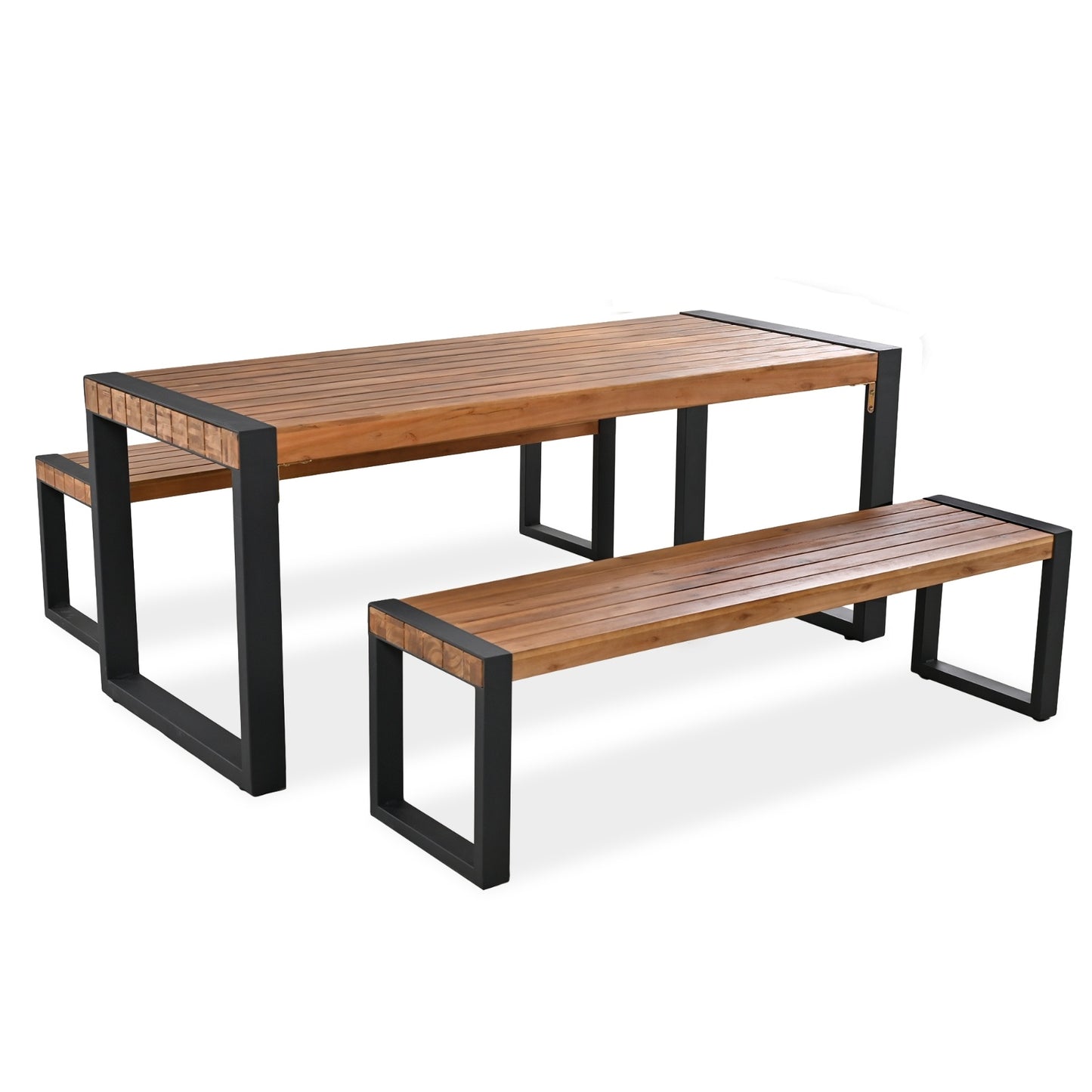 US Local GO 3-pieces Outdoor Dining Table With 2 Benches, Patio Dining Set With Unique Top Texture, Acacia Wo