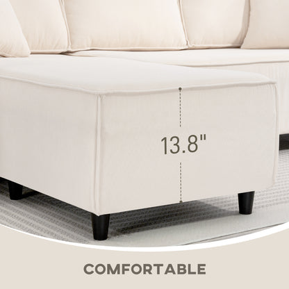 US Local Corner Sofa With Reversible Chaise Lounge, Corduroy L-Shaped Sectional Sofa With Pocket Spring, Cream White