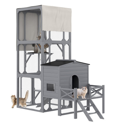 US Local Catio Cat House Outdoor Large Cat Enclosure, Wooden Cat Cage For Multiple Cats With Jumping Platforms And Cat Swing, Removable Waterproof Cover, UV Resistant, 2 Combination, Gray
