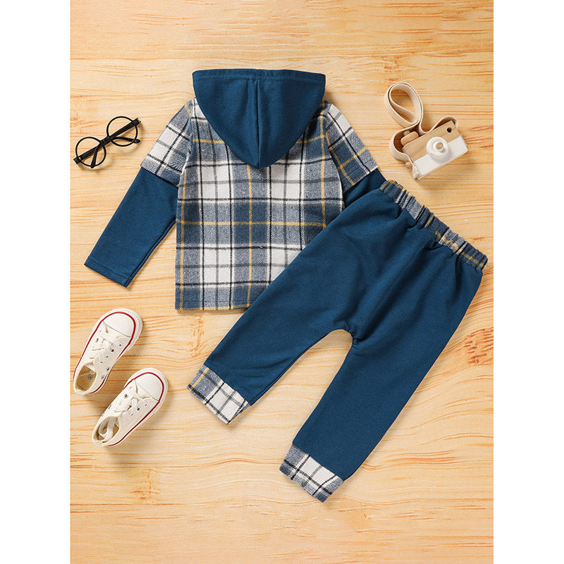 US Local Toddler Baby Boy Clothes Plaid Long Sleeve Hoodie Sweatshirt & Pants 2pcs Boys Outfit Set