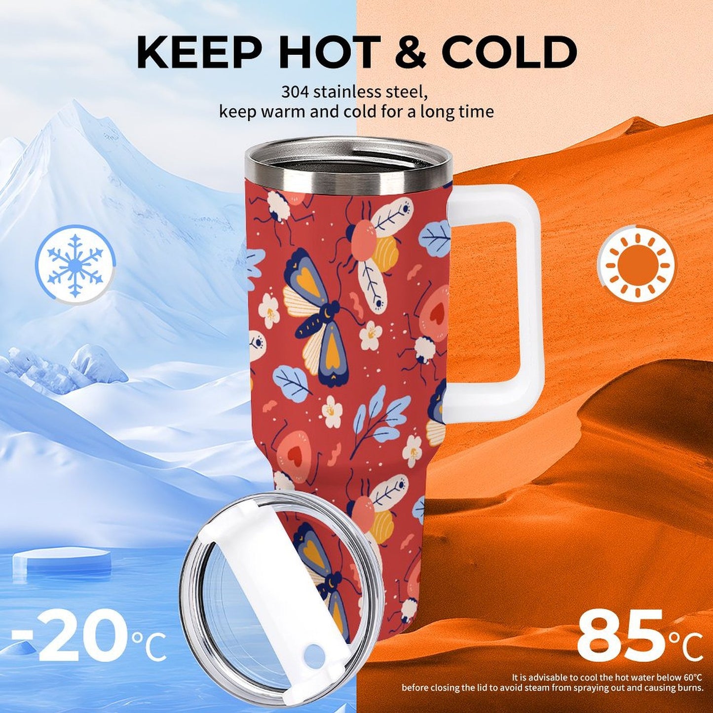 PHDT00511 POD US Local Tumbler 40oz Large Capacity Car Cup Red Retro, Butterfly, Flower, Insect