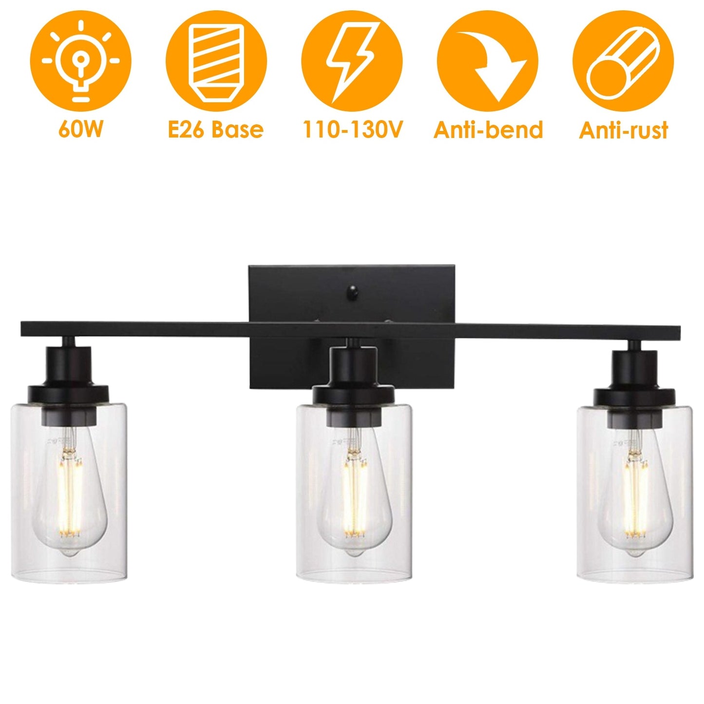 US Local 1Pc 3-Light Wall Sconce Lighting With Clear Glass Shade Bathroom Vanity Lamp Fixture Modern Mounted Light For Porch Mirror Living Room Bedroom Hallway