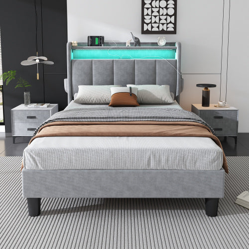 UK Local Upholstered Bed, 3FT Single Bed 90x190cm, Lower Flap Door Storage, With LED Light Strip, 3 USB Port 1 Type C, Durable And Sturdy, Youth Bed, For Adults  Teenagers, Velvet, Grey