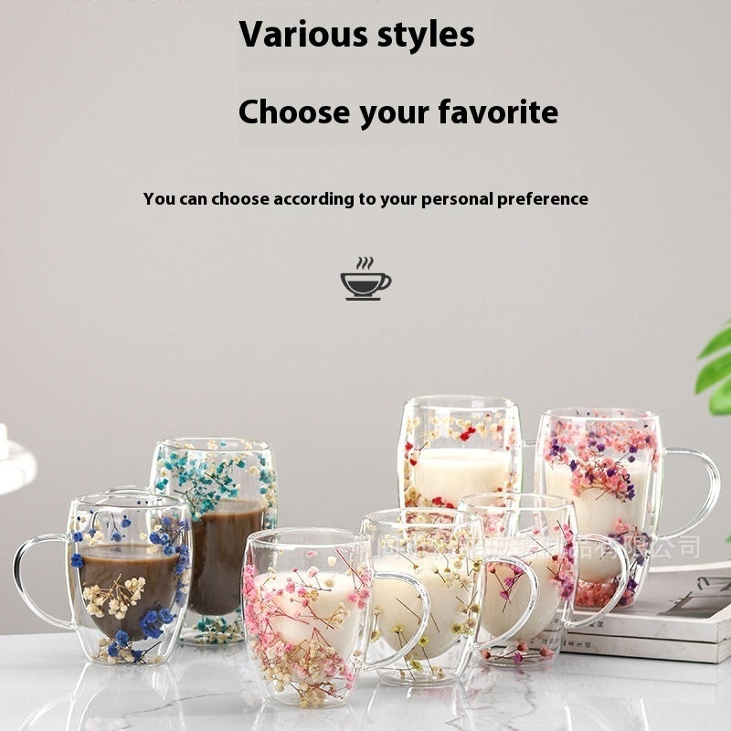Real Flower Double Layer Glass Cup Good-looking Starry Sky