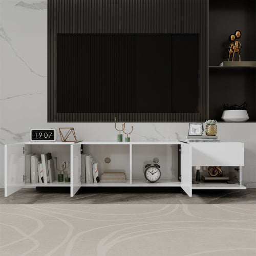 UK Local TV Cabinet, White High-gloss Cabinet And Black Contrasting Table Legs, With Simple Cabinet Doors And Drawers.