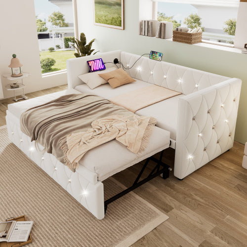 UK Local Daybed Single Upholstered Bed Sofa Bed With USB &Type C Charging Station, 3FT Single Bed 90 X 190 Cm With Trundle ,Pull Out Trundle For Living Room And Bedroom, Velvet