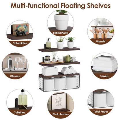 US Local 2 In 1 Floating Shelves Wall Mounted With Storage Basket Bathroom Shelves Over Toilet Wooden Shelves For Bedroom Living Room Kitchen Office Wall Decor Plants