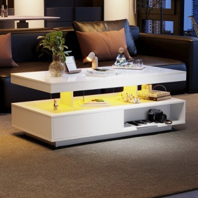 UK Local Led Coffee Table With 2 Drawer Storage, High Gloss Coffee Table For Living Room Open Storage Space Centre Table With 16-Color Led Lights,End Table For Home Office Furniture, White