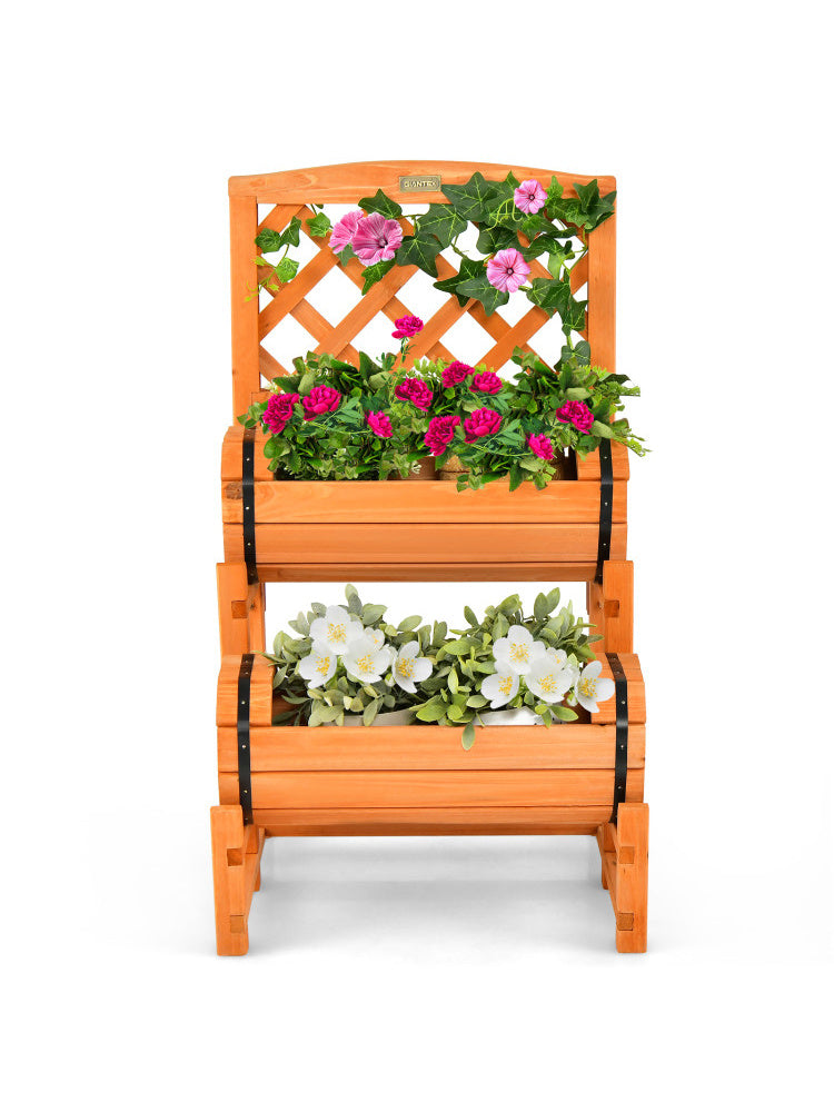 US Local Wooden 2-Tier Raised Garden Bed With 2 Cylindrical Planter Boxes And Trellis