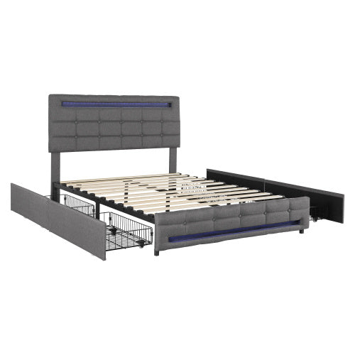 UK Local 4ft6 Double Upholstered Bed With LED Lighting And Storage Drawers, Linen Fabric Storage Bed Frame With Adjustable Button Tufted Headboard, No Box Spring Needed, Easy Assembly, Grey